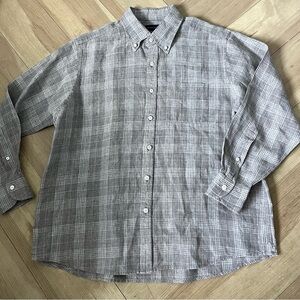 Men’s PROPER CLOTH Button Up Gray White Plaid Linen Shirt  17.5 x 32